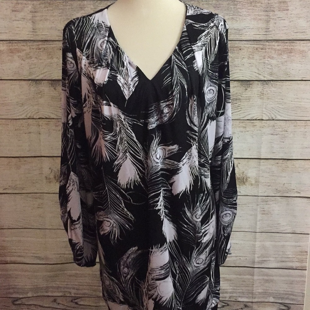 black and white peacock mini dress with sleeves